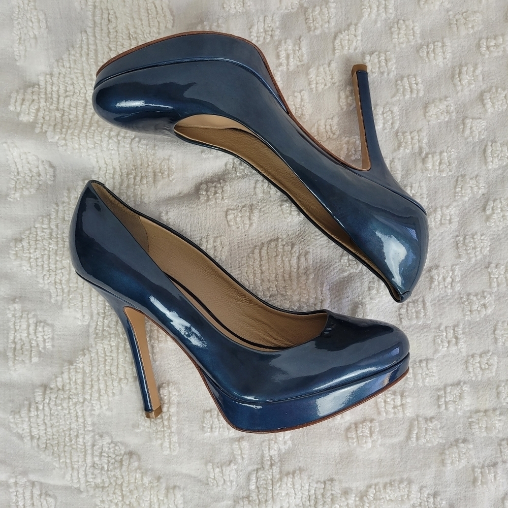 Joan & David teal blue patent leather platform pinup stiletto pumps almond toe 6 - Picture 6 of 12